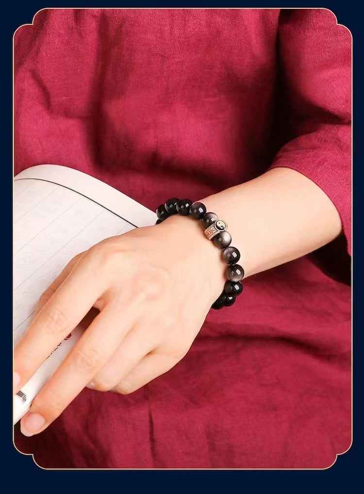 Nine Mantra Five Wealth Deities Bracelet S925 Silver | Triple Obsidian Variants